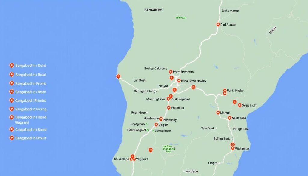 Map showing route from Bangalore to Wayanad with major landmarks Map showing route from Bangalore to Wayanad with major landmarks